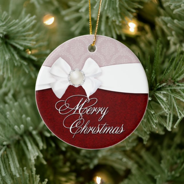 Damast-weißer Satin-frohe Weihnachten Keramikornament (Baum)
