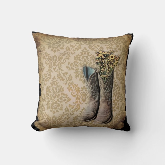 Damast-Wildblume Westernland-Cowboystiefel Kissen (Vorderseite)