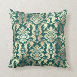 Damastsepia-Goldlux-metallischer aquamariner Kissen