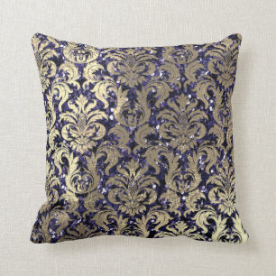 Damastsepia-Goldmetallischer blauer Marine-Glitzer Kissen