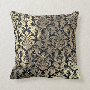 Damastsepia-Goldmetallischer schwarzer Glitzer Kissen