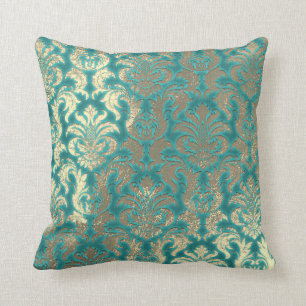 Damastsepia-Goldmetallischer tadelloser blauer Kissen