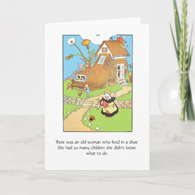 Dame âgée dans une chaussure, carte de voeux (Devant)
