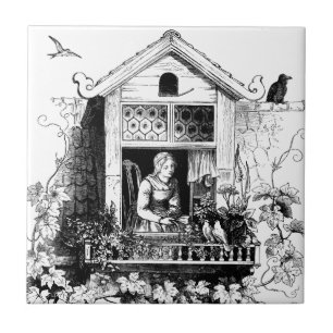 Dame am Fenster, Vögel und Weinrebe Fliese
