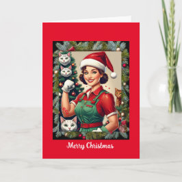 Dame au chat fou, 5" x 7" Carte de Noël pliée