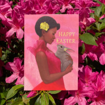 "Dame de Pâques avec lapin." Carte de voeux