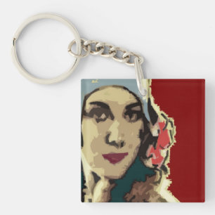 Dame der 1920er Jahre mit blauem Hut Pop-Art Schlüsselanhänger