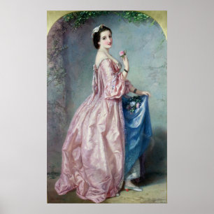 Dame, die Blumen in ihrem Petticoat hält Poster