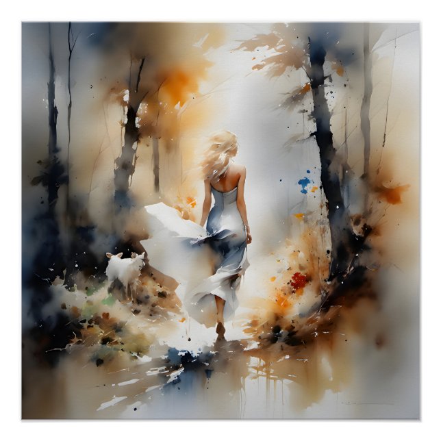 Dame, die durch einen Wald geht Poster (Vorderseite)