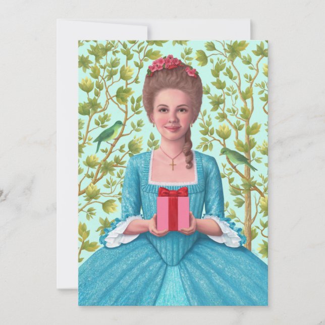 "Dame du 18e siècle tenant un cadeau." Carte simpl (Devant)