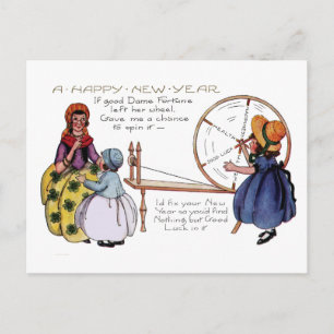 Dame Fortune's Lucky Spinning Wheel New Year Feiertagspostkarte