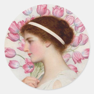 Dame im klassischen Kleid mit rosa Tulpen Runder Aufkleber