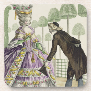 Dame in den lila Kleiderpromenaden in den Gärten Untersetzer