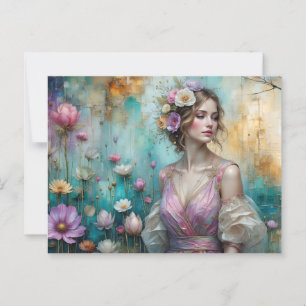 Dame in rosa, strukturierte Blumenlandschaft aquam Postkarte