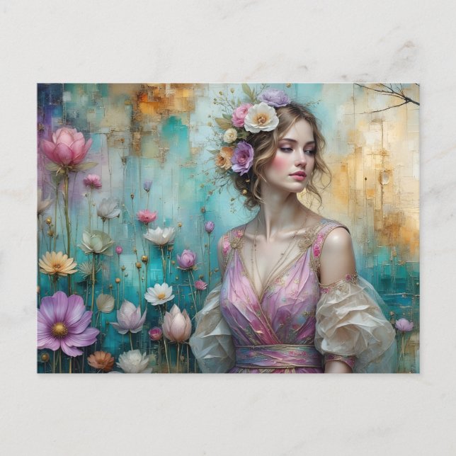 Dame in rosa, strukturierte Blumenlandschaft aquam Postkarte (Vorderseite)