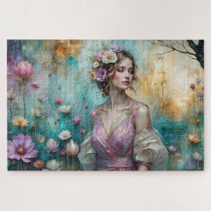 Dame in Rosa, texturierte Blumenlandschaft Türkis