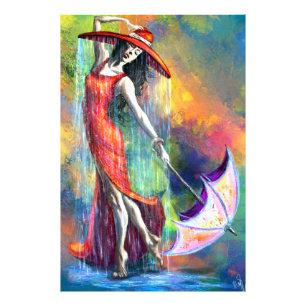 Dame in Rot mit Schirmplakat tanzen Fotodruck