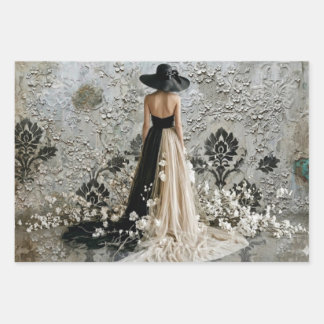 Dame in Schwarz Damast Decoupage Geschenkpapier Set