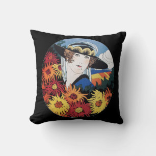 Dame mit Chrysanthemenblüten Kissen