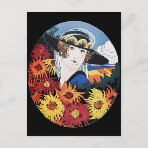 Dame mit Chrysanthemenblüten Postkarte