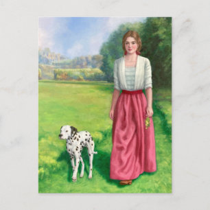 "Dame mit Dalmatiner spazieren gehend." Postkarte