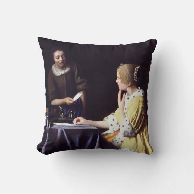 Dame mit der Magd, die Buchstaben Vermeer hält Kissen (Vorderseite)