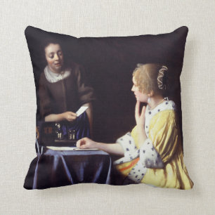 Dame mit der Magd, die Buchstaben Vermeer hält Kissen