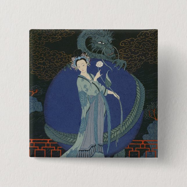 Dame mit einem Drachen (Farbelitho) Button (Vorderseite)