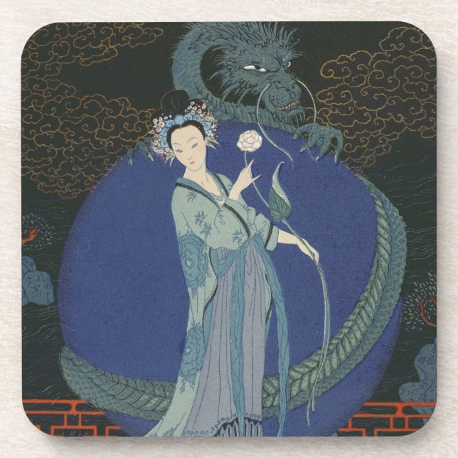 Dame mit einem Drachen (Farbelitho) Getränkeuntersetzer (Vorderseite)
