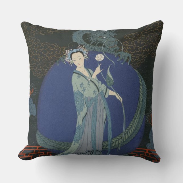 Dame mit einem Drachen (Farbelitho) Kissen (Vorderseite)