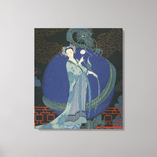 Dame mit einem Drachen (Farbelitho) Leinwanddruck