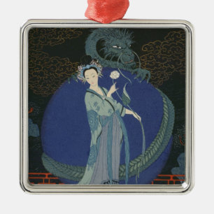 Dame mit einem Drachen (Farbelitho) Ornament Aus Metall