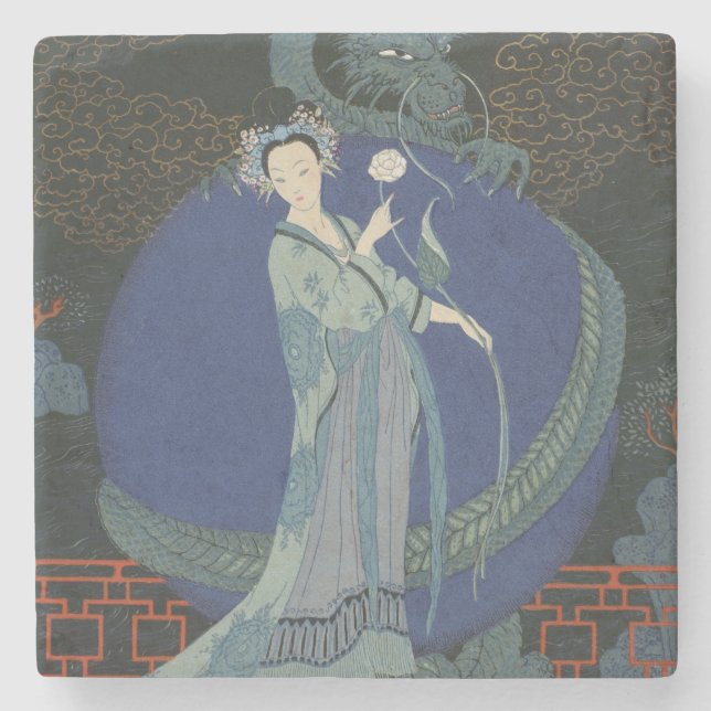 Dame mit einem Drachen (Farbelitho) Steinuntersetzer (Vorderseite)