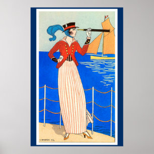 DAME MIT MONOKEL ART DÉCO NAUTISCHE SCHÖNHEIT MODE POSTER