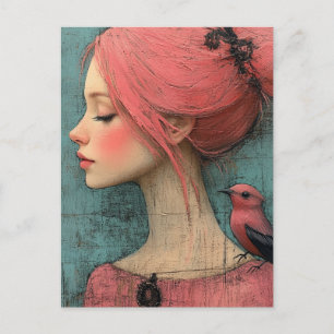 Dame mit rosa Haaren und einem Vogel auf ihrer Sch Postkarte