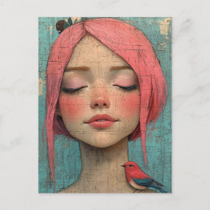 Dame mit rosa Haaren und einem Vogel auf ihrer Sch Postkarte