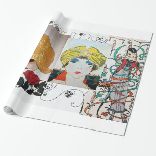 DAME MIT ROTER ROSE, ART DECO SCHÖNHEIT MODE KOSTÜ GESCHENKPAPIER