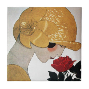 DAME MIT ROTER ROSE FLIESE