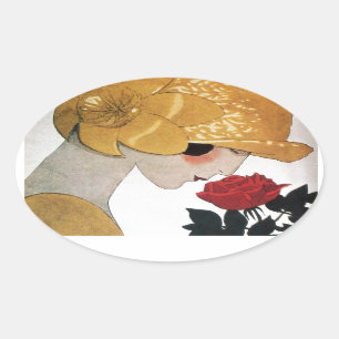 DAME MIT ROTER ROSE OVALER AUFKLEBER