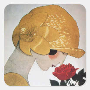 DAME MIT ROTER ROSE QUADRATISCHER AUFKLEBER