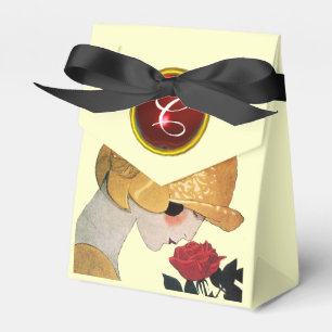 DAME MIT ROTER ROSE RUBIN-EDELSTEIN-MONOGRAMM, Cre Geschenkschachtel