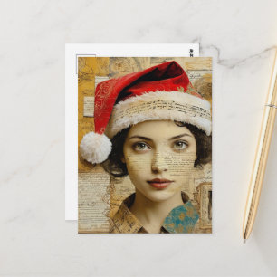Dame mit Santa-Hut Mixed Media Collage Postkarte