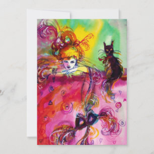 DAME MIT SCHWARZER KATZE /Mardi Gras Maskenparty Einladung