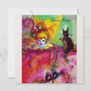 DAME MIT SCHWARZER KATZE /Mardi Gras Maskenparty Einladung
