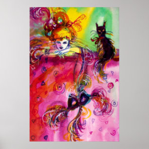 DAME MIT SCHWARZER KATZE Venezianischer Maskenball Poster