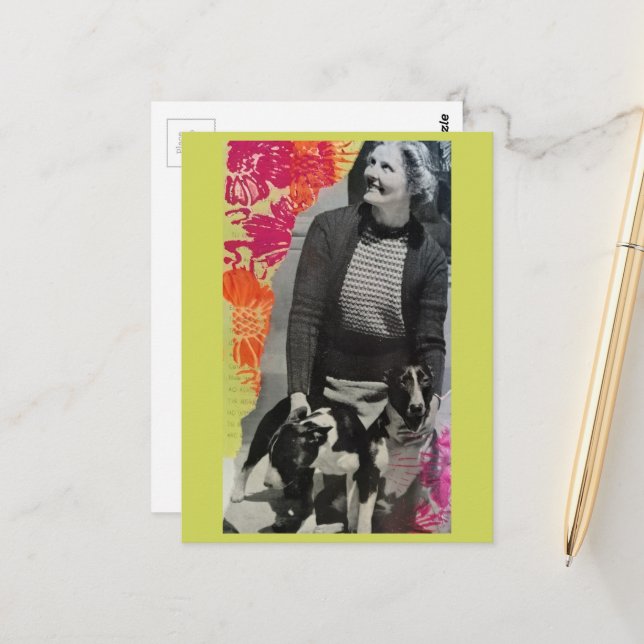 Dame mit zwei Hunden Collage Postkarte (Vorderseite/Rückseite Beispiel)