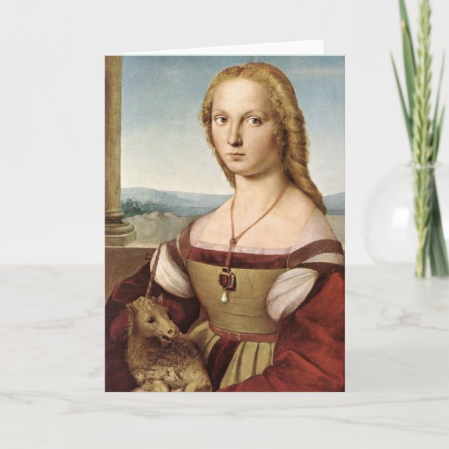 Dame RAPHAEL mit einer Einhorn-Gruß-Karte Karte (Vorderseite)