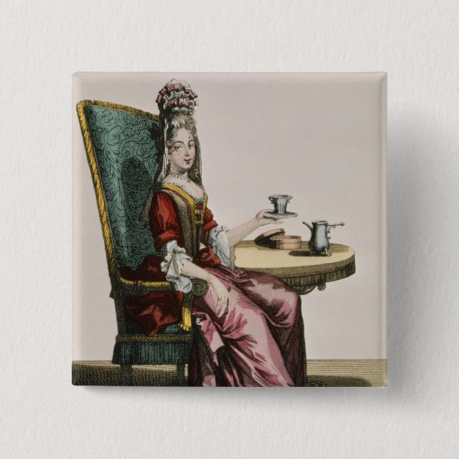 Dame Taking Coffee, Modegeck, c.1695 (engravi Button (Vorderseite)