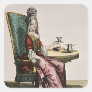 Dame Taking Coffee, Modegeck, c.1695 (engravi Quadratischer Aufkleber