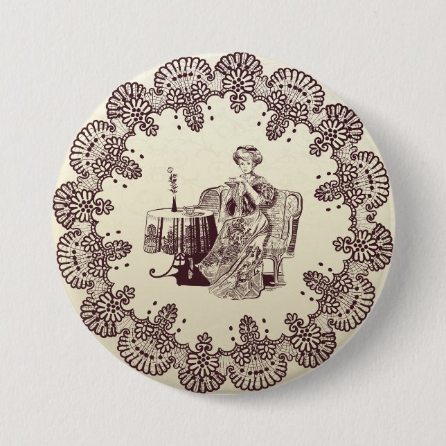 Dame trinkt Tee Button (Vorderseite)